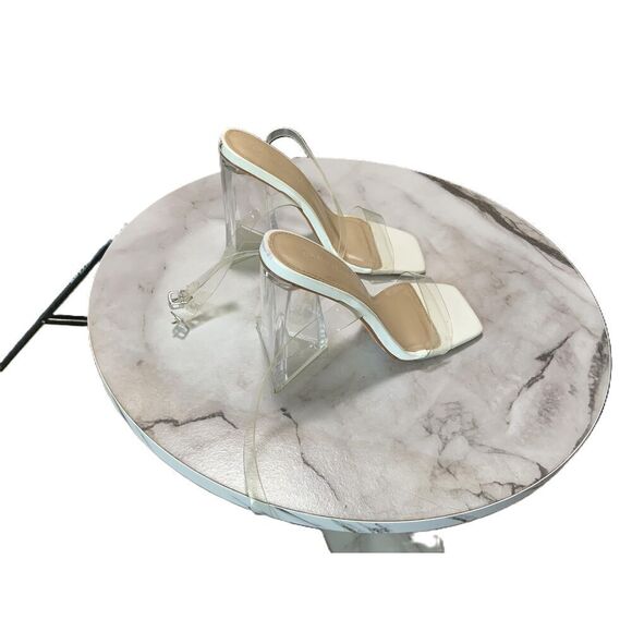 Wild Diva White Clear Strap Square Toe Block Heel Mule Shoes Size 7 4 Inch Heel - Picture 3 of 9